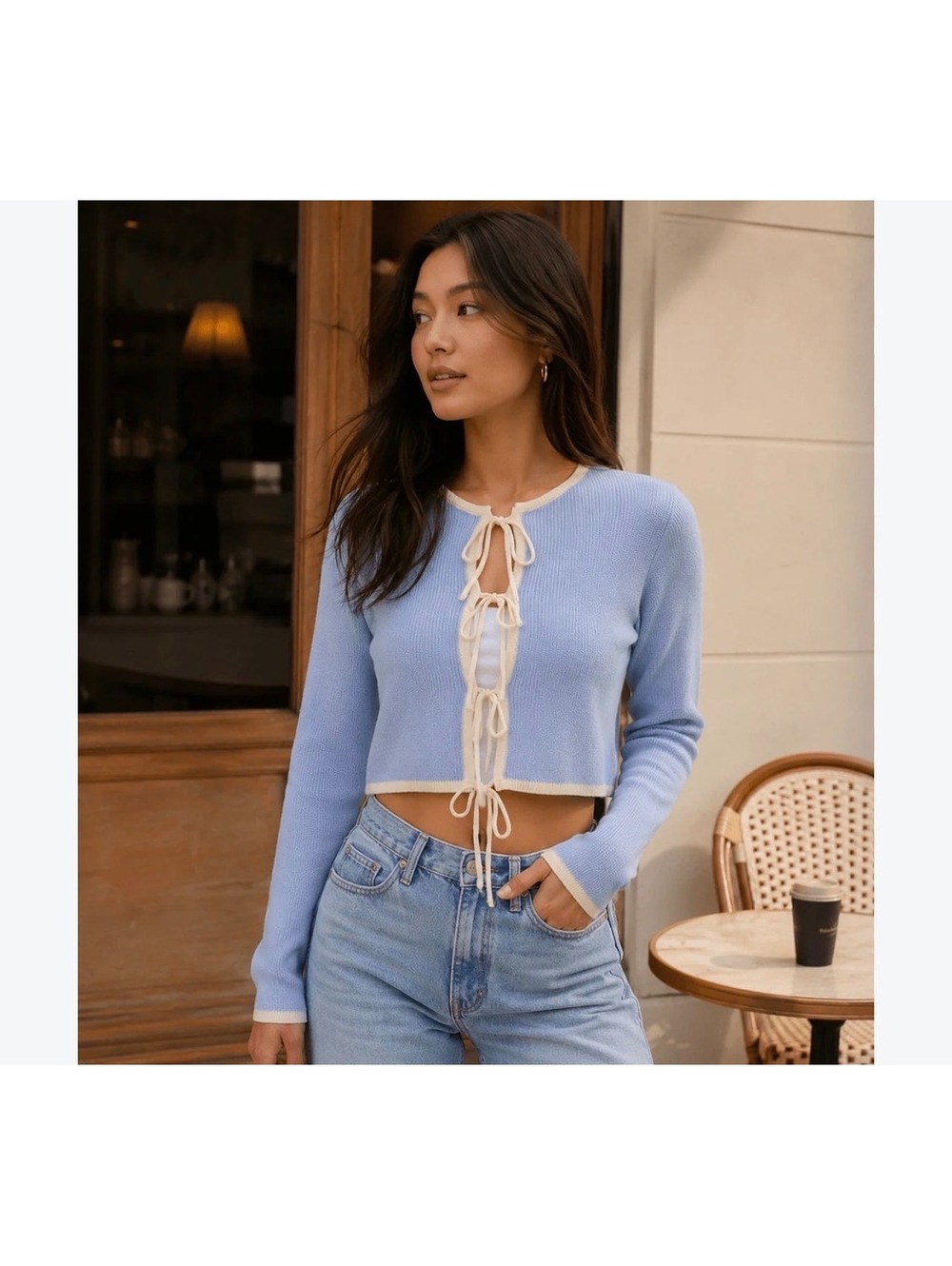 Pinkglow Light Blue Ribbed Knit Crop Cardigan with White Tie Front Detail Large